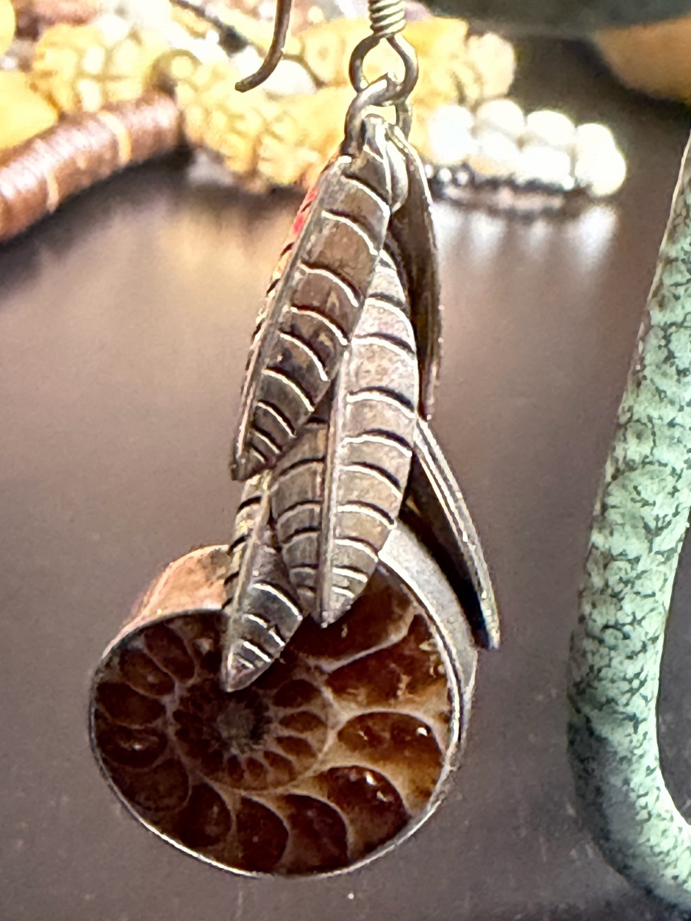 Vintage 925 Sterling Silver Ammonite Fossil Leaf Drop Earrings